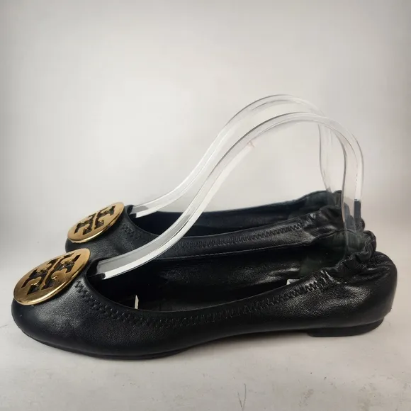TORY BURCH Women's Reva Ballet Flats Size 8 Leather Slip On Black Gold Shoes