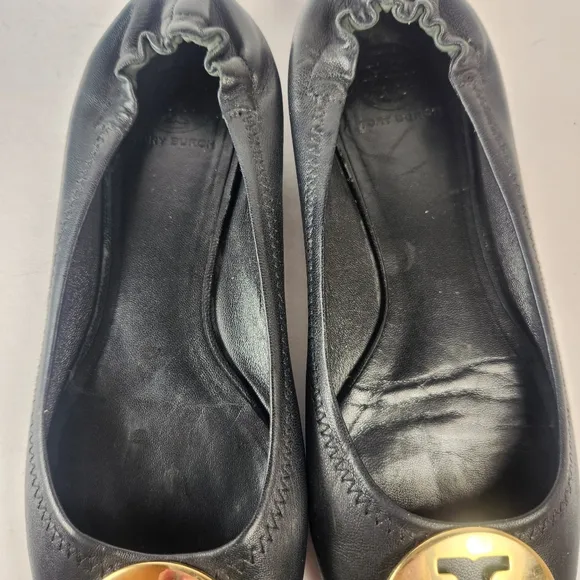 TORY BURCH Women's Reva Ballet Flats Size 8 Leather Slip On Black Gold Shoes