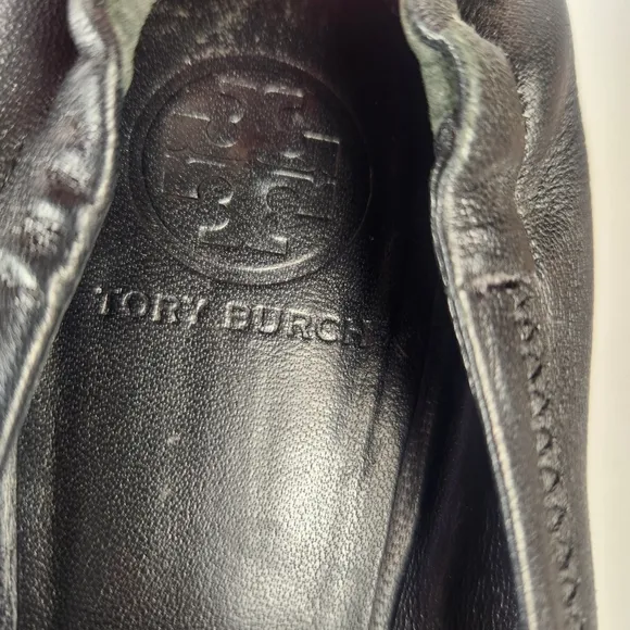 TORY BURCH Women's Reva Ballet Flats Size 8 Leather Slip On Black Gold Shoes
