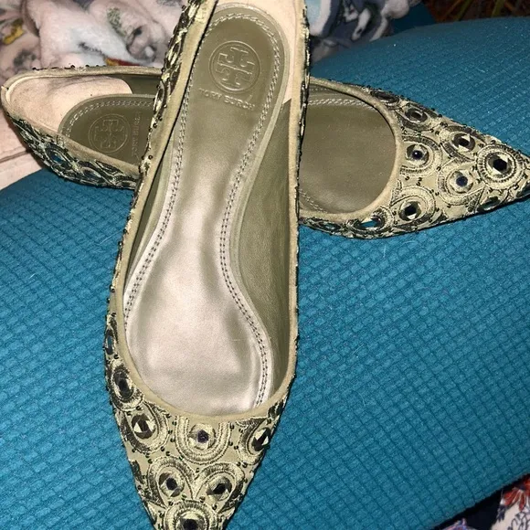 Tory Burch Yasmin Embroidered Green Ballet Flats