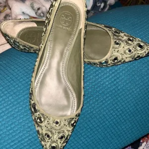 Tory Burch Yasmin Embroidered Green Ballet Flats