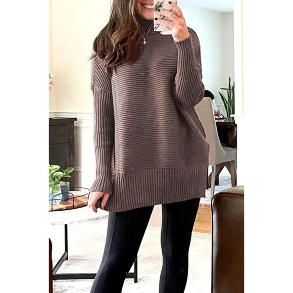 Turtleneck Oversized Tunic Long Sleeve Spilt Hem Pullover Knit Sweater Top S