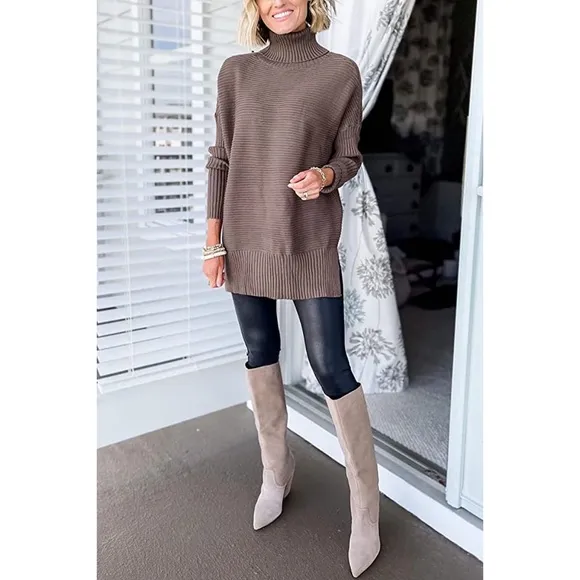Turtleneck Oversized Tunic Long Sleeve Spilt Hem Pullover Knit Sweater Top S