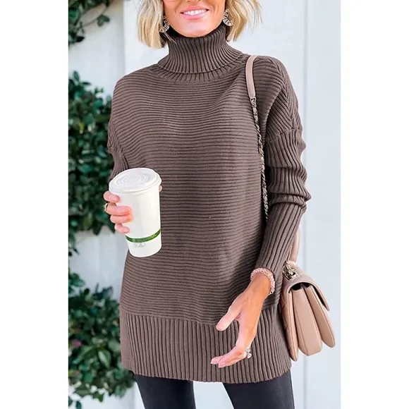 Turtleneck Oversized Tunic Long Sleeve Spilt Hem Pullover Knit Sweater Top S