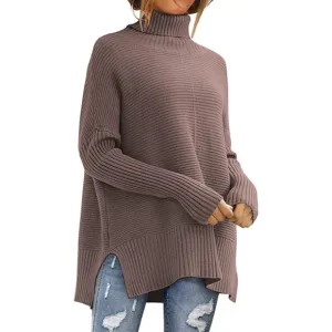 Turtleneck Oversized Tunic Long Sleeve Spilt Hem Pullover Knit Sweater Top S