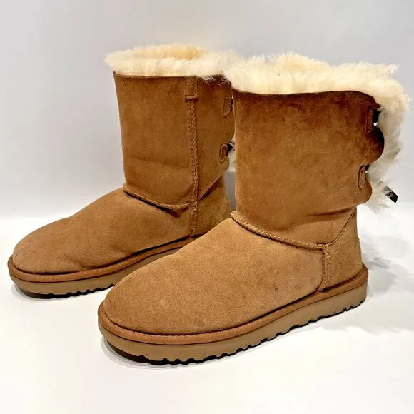 UGG Australia Bailey Bow II Brown Suede Shearling Winter Boots Women's Size 8