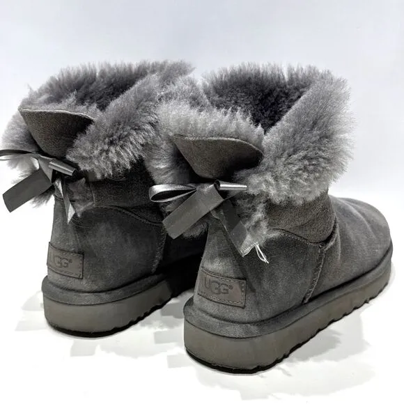 UGG Australia Bailey Bow Mini Gray Suede Shearling Winter Boots Women's Size 8
