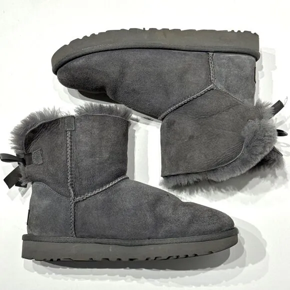 UGG Australia Bailey Bow Mini Gray Suede Shearling Winter Boots Women's Size 8
