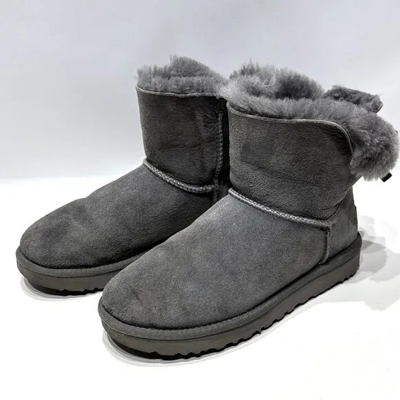 UGG Australia Bailey Bow Mini Gray Suede Shearling Winter Boots Women's Size 8