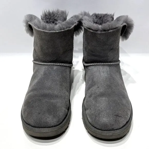 UGG Australia Bailey Bow Mini Gray Suede Shearling Winter Boots Women's Size 8