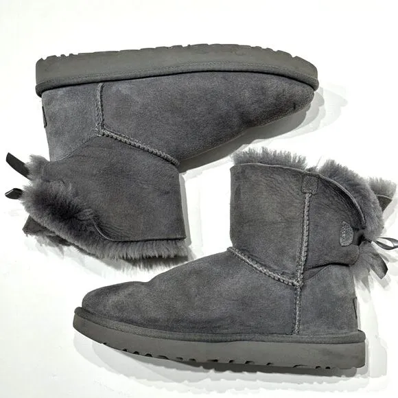 UGG Australia Bailey Bow Mini Gray Suede Shearling Winter Boots Women's Size 8