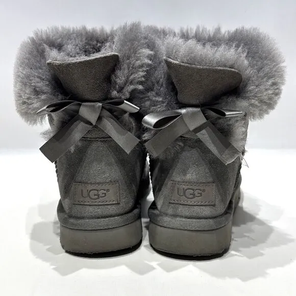 UGG Australia Bailey Bow Mini Gray Suede Shearling Winter Boots Women's Size 8