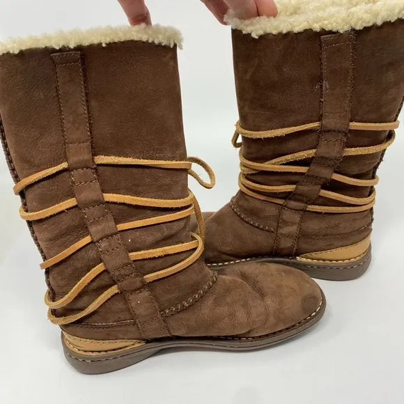 UGG Australia Catalina 1634 Brown Leather Sheepskin Winter Lace Up Boots Womens