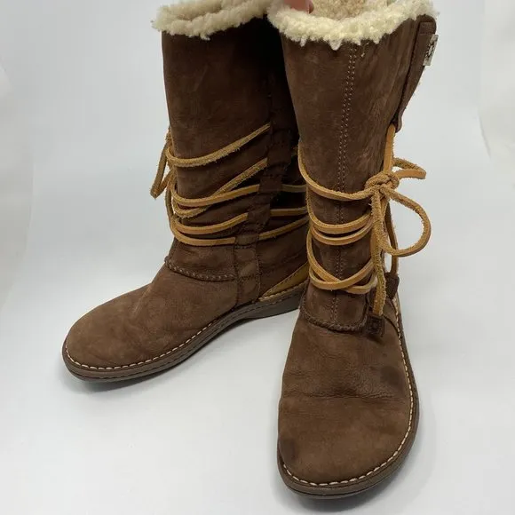 UGG Australia Catalina 1634 Brown Leather Sheepskin Winter Lace Up Boots Womens