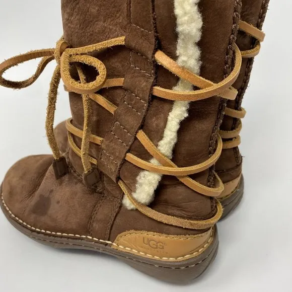 UGG Australia Catalina 1634 Brown Leather Sheepskin Winter Lace Up Boots Womens