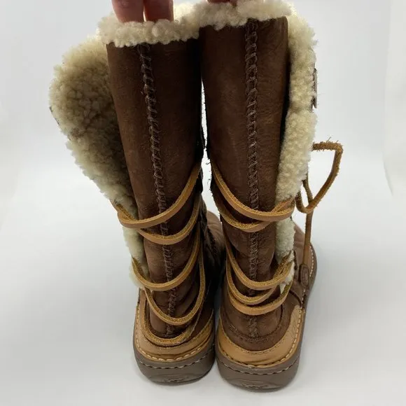 UGG Australia Catalina 1634 Brown Leather Sheepskin Winter Lace Up Boots Womens