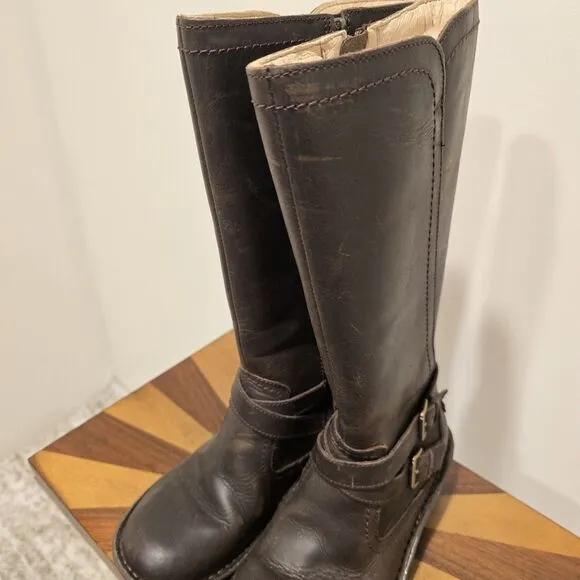 UGG Australia Rosen Riding Boots Brown Leather 7 Womens Wool Fur Lined Winter