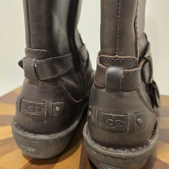 UGG Australia Rosen Riding Boots Brown Leather 7 Womens Wool Fur Lined Winter
