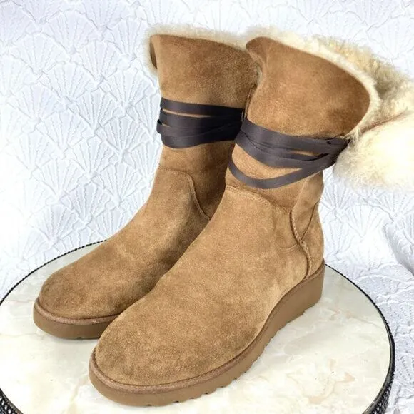 UGG Brita Fur Lined Winter Boots Womens Size 8 Chestnut Brown Leather Booties