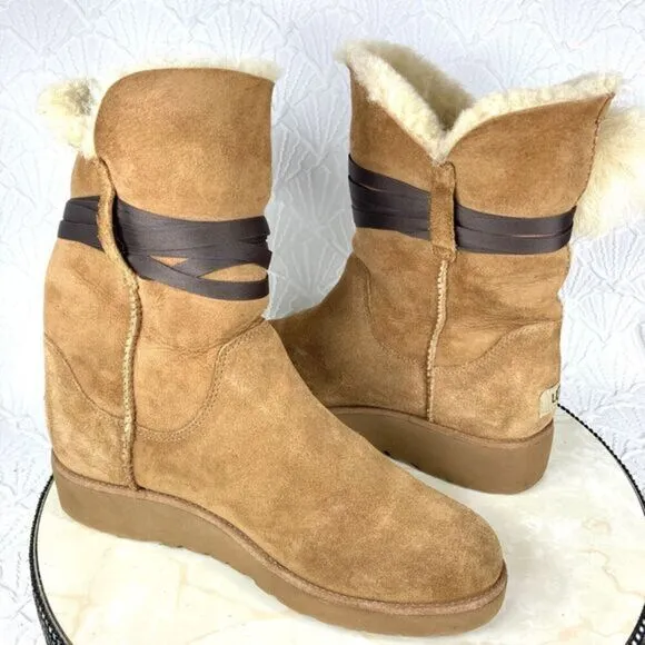 UGG Brita Fur Lined Winter Boots Womens Size 8 Chestnut Brown Leather Booties