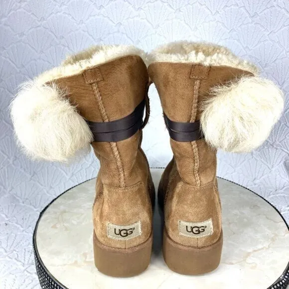 UGG Brita Fur Lined Winter Boots Womens Size 8 Chestnut Brown Leather Booties