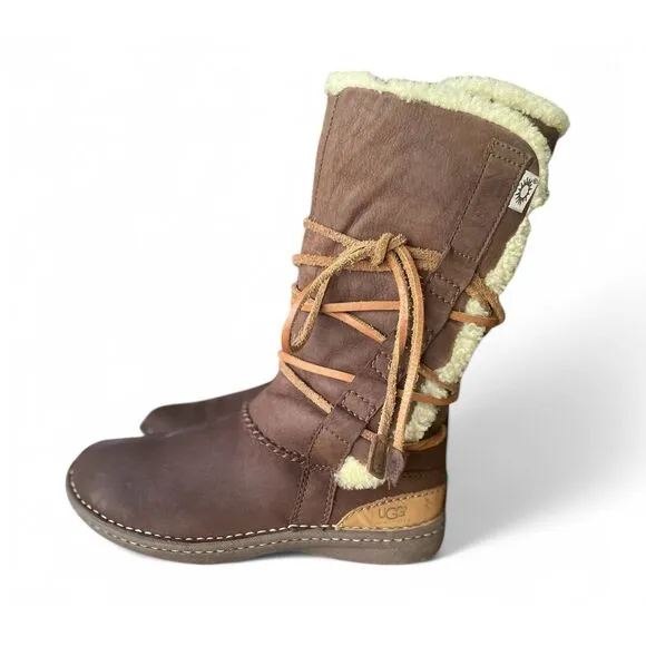 UGG Catalina 1634 Brown Leather Sheepskin Winter Lace Up Boots Women's Size 6