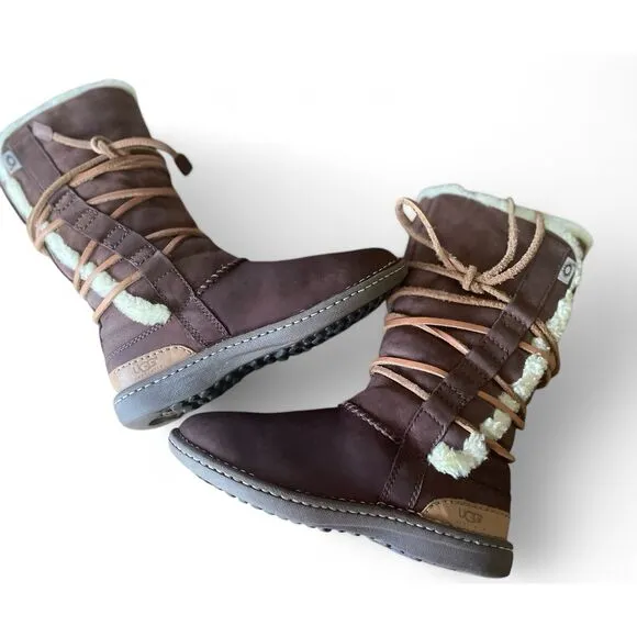 UGG Catalina 1634 Brown Leather Sheepskin Winter Lace Up Boots Women's Size 6