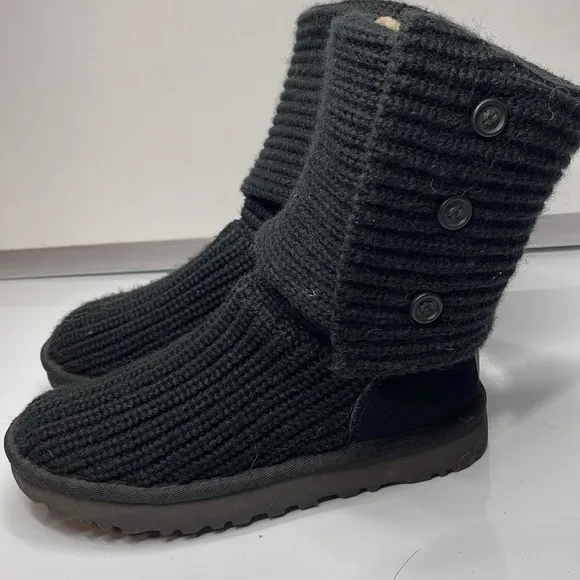 Ugg Classic Cardy Boots Fur Insole Knit Buttons Winter Wool Blend Black Womens 6