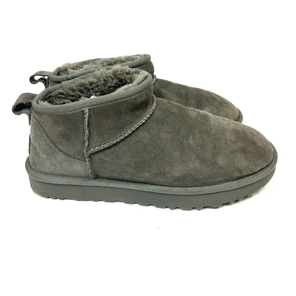 Ugg Classic Ultra Mini Boots Women 9 Gray Suede Sheepskin Lined Comfort Casual