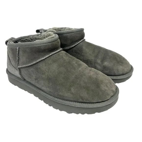Ugg Classic Ultra Mini Boots Women 9 Gray Suede Sheepskin Lined Comfort Casual