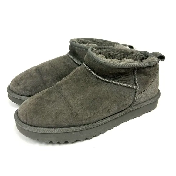 Ugg Classic Ultra Mini Boots Women 9 Gray Suede Sheepskin Lined Comfort Casual