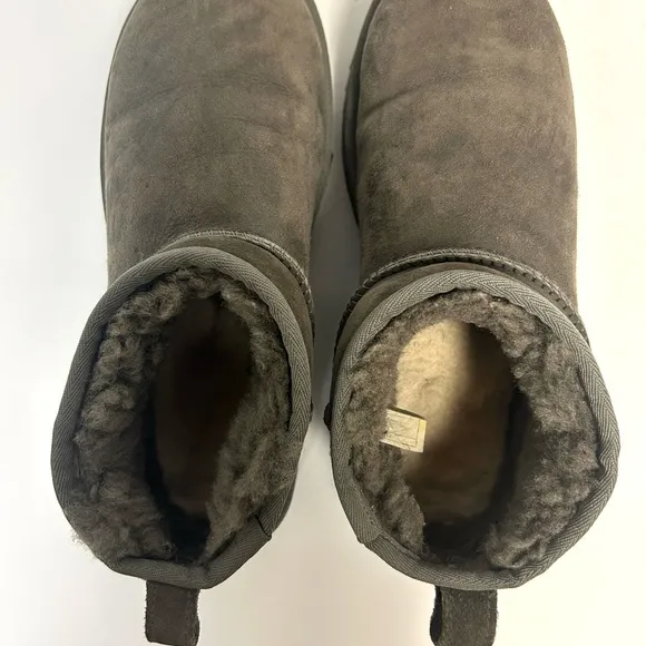 Ugg Classic Ultra Mini Boots Women 9 Gray Suede Sheepskin Lined Comfort Casual