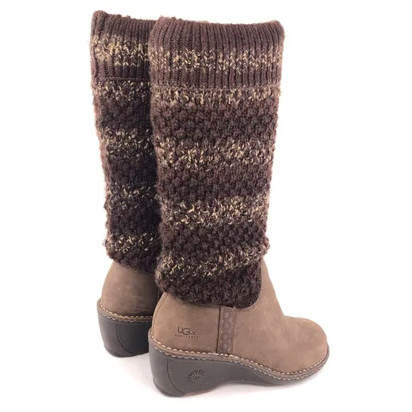 UGG Cresthaven Knit Shaft Brown Leather Wedge Winter Boots 9