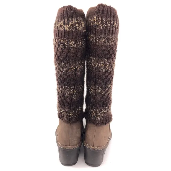 UGG Cresthaven Knit Shaft Brown Leather Wedge Winter Boots 9