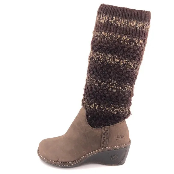 UGG Cresthaven Knit Shaft Brown Leather Wedge Winter Boots 9