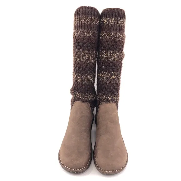 UGG Cresthaven Knit Shaft Brown Leather Wedge Winter Boots 9