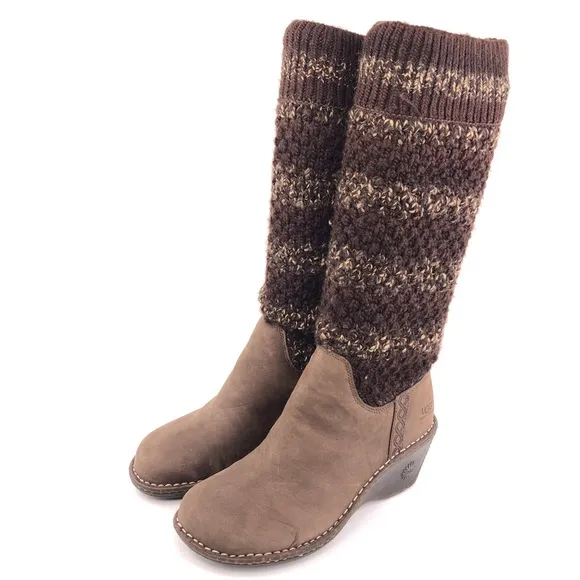 UGG Cresthaven Knit Shaft Brown Leather Wedge Winter Boots 9