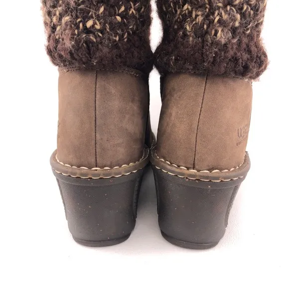 UGG Cresthaven Knit Shaft Brown Leather Wedge Winter Boots 9