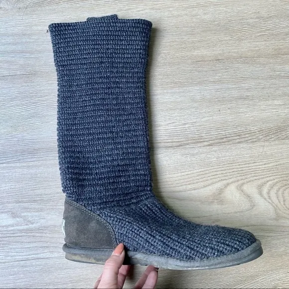 UGG Gray Cardy Tall Knit Winter Boots - Foldable, Size 8