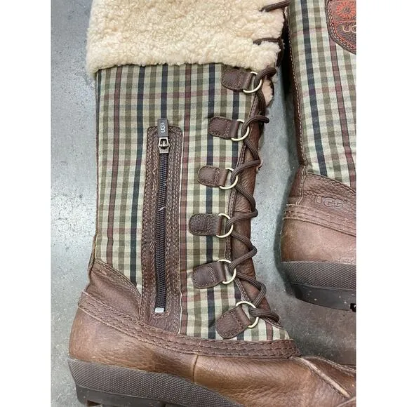 UGG Womens Edmonton Waterproof Plaid Laced Heritage Leather Boots Sheepskin Sz 7