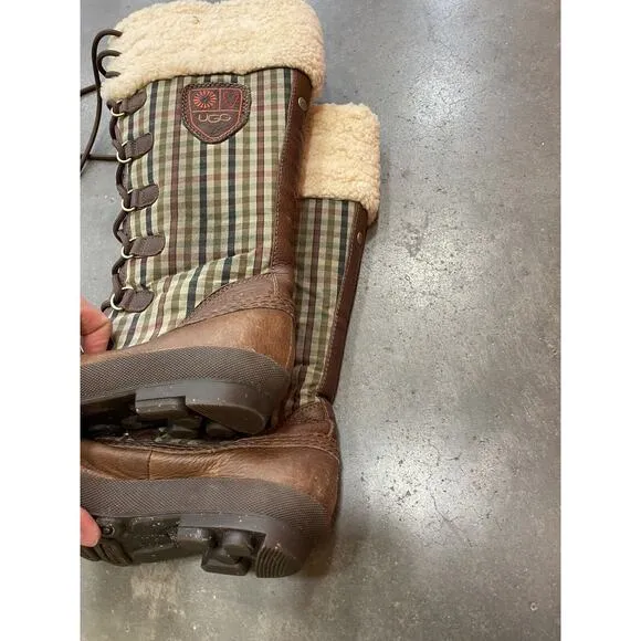 UGG Womens Edmonton Waterproof Plaid Laced Heritage Leather Boots Sheepskin Sz 7