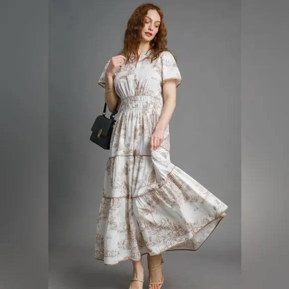 Umgee Full Size Landscape Print Short Sleeve Tiered Maxi Dress