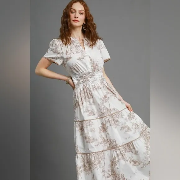 Umgee Full Size Landscape Print Short Sleeve Tiered Maxi Dress