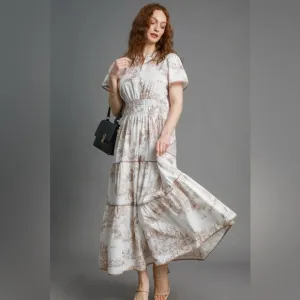 Umgee Full Size Landscape Print Short Sleeve Tiered Maxi Dress