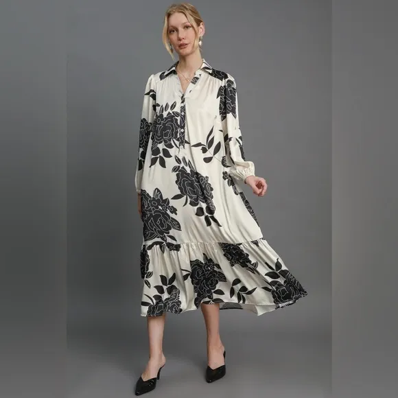 Umgee Ruffle Hem Flower Print Johnny Collar Dress