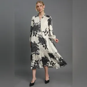 Umgee Ruffle Hem Flower Print Johnny Collar Dress