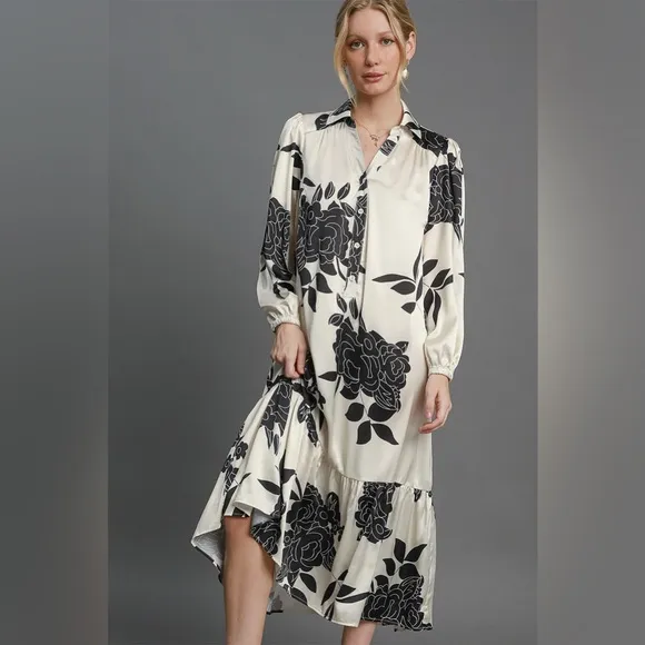 Umgee Ruffle Hem Flower Print Johnny Collar Dress