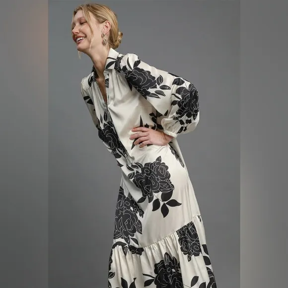 Umgee Ruffle Hem Flower Print Johnny Collar Dress