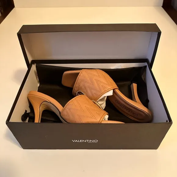 Valentino Tan Leather Mules with Stiletto Heel, New In Box