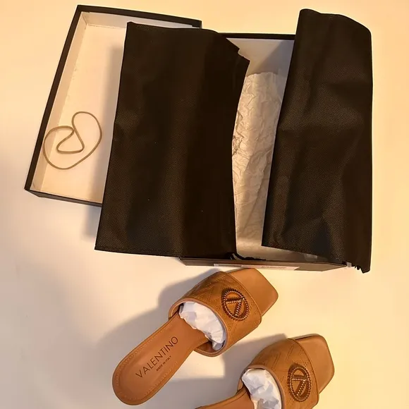 Valentino Tan Leather Mules with Stiletto Heel, New In Box